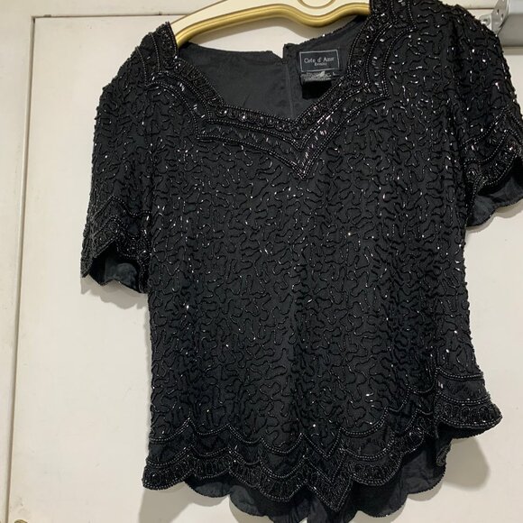 VINTAGE COTE d' AZUR SILK BEADED WAIST LENGTH SHORT SLEEVE BLOUSES SIZE L - Picture 5 of 8